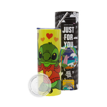 Stitch heart, Neon Yellow Travel Tumbler, with metal straw (Stainless steel 304 Food grade, BPA free, 600ml)