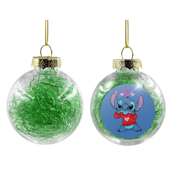 Stitch heart, Χριστουγεννιάτικη μπάλα δένδρου διάφανη με πράσινο γέμισμα 8cm