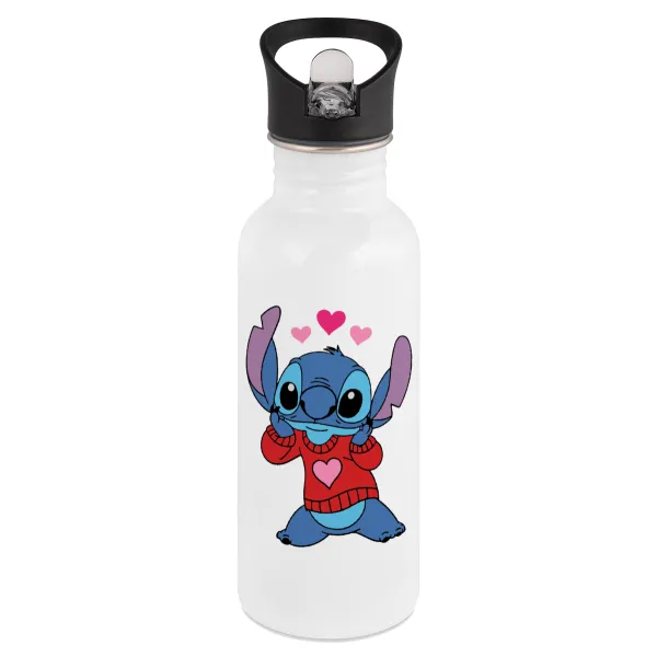 Stitch heart — Παγούρι νερού Λευκό με καλαμάκι, ανοξείδωτο ατσάλι 600ml