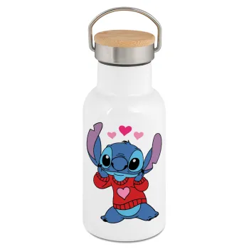 Stitch heart, Metallic thermos (Stainless steel) White with wooden lid (bamboo), double-walled, 350ml