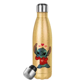 Stitch heart, Glitter gold stainless steel thermos bottle, double-walled, 500ml