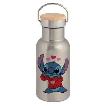 Stitch heart, Stainless steel metallic thermos flask, silver with a bamboo lid, double-walled, 350ml.