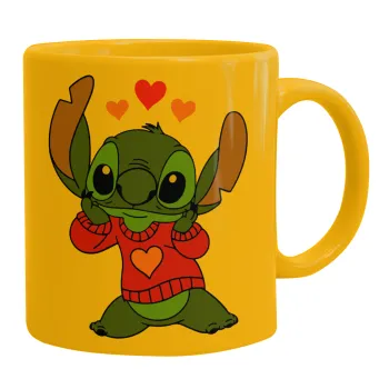 Stitch heart, Κούπα, κεραμική κίτρινη, 330ml