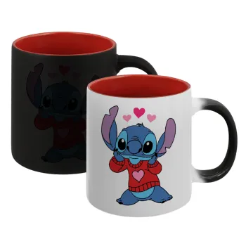 Stitch heart, Κούπα Μαγική εσωτερικό κόκκινο, κεραμική, 330ml που αλλάζει χρώμα με το ζεστό ρόφημα