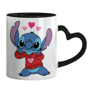 Stitch heart, Mug heart black handle, ceramic, 330ml