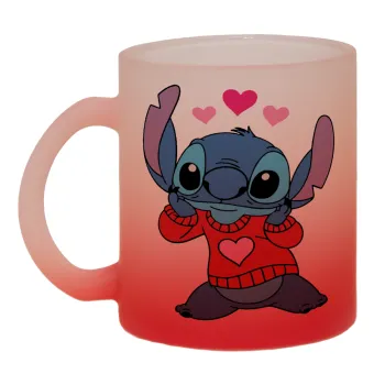 Stitch heart, Κούπα γυάλινη δίχρωμη με βάση το κόκκινο ματ, 330ml