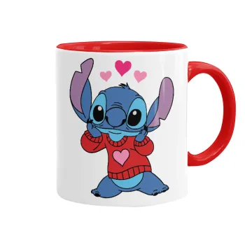 Stitch heart, Mug colored red, ceramic, 330ml