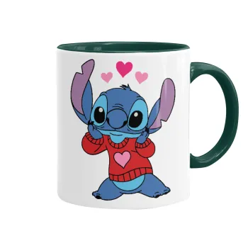 Stitch heart, Mug colored green, ceramic, 330ml