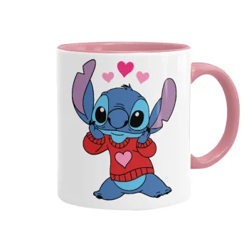 Stitch heart, Mug colored pink, ceramic, 330ml