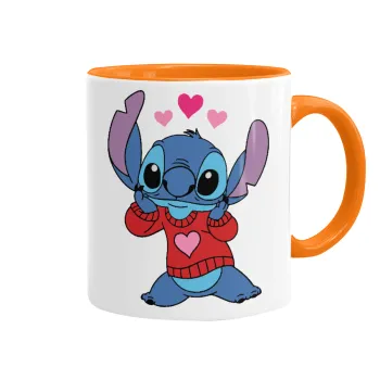 Stitch heart, Κούπα χρωματιστή πορτοκαλί, κεραμική, 330ml