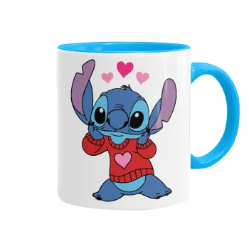Stitch heart, Κούπα χρωματιστή γαλάζια, κεραμική, 330ml