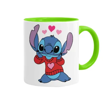 Stitch heart, Κούπα χρωματιστή βεραμάν, κεραμική, 330ml