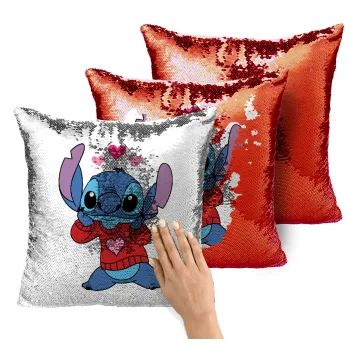 Stitch heart, Μαξιλάρι καναπέ Μαγικό Κόκκινο με πούλιες 40x40cm περιέχεται το γέμισμα