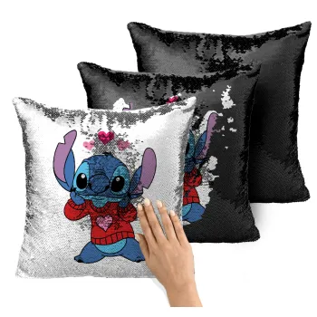 Stitch heart, Μαξιλάρι καναπέ Μαγικό Μαύρο με πούλιες 40x40cm περιέχεται το γέμισμα