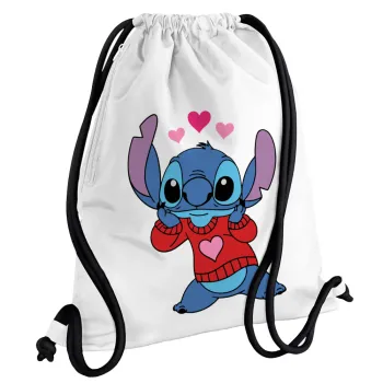 Stitch heart, Backpack pouch GYMBAG white, with pocket (40x48cm) & thick cords