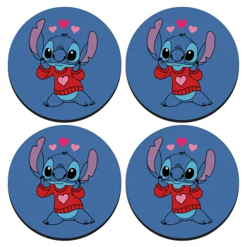 Stitch heart, ΣΕΤ 4 Σουβέρ ξύλινα στρογγυλά (9cm)