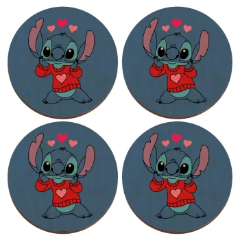 Stitch heart, ΣΕΤ x4 Σουβέρ ξύλινα στρογγυλά plywood (9cm)