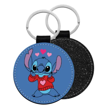 Stitch heart, Μπρελόκ Δερματίνη, στρογγυλό ΜΑΥΡΟ (5cm)