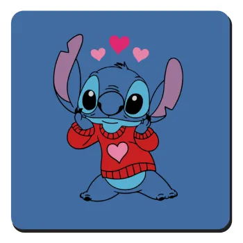 Stitch heart, Τετράγωνο μαγνητάκι ξύλινο 9x9cm