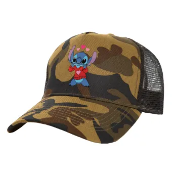 Stitch heart, Adult Structured Trucker Hat, with Mesh, (Camouflage) Army (100% COTTON, ADULT, UNISEX, ONE SIZE)
