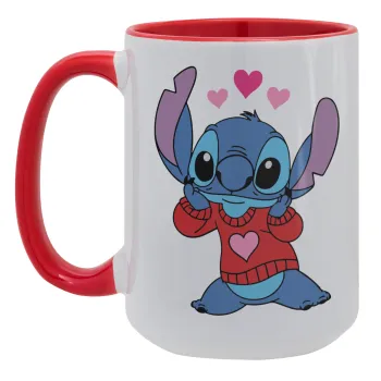Stitch heart, Κούπα Mega 15oz, κεραμική Κόκκινη, 450ml