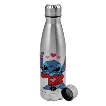 Stitch heart, Metallic water bottle, stainless steel, 750ml