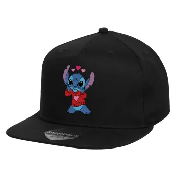 Stitch heart, Καπέλο παιδικό Flat Snapback, Μαύρο (100% ΒΑΜΒΑΚΕΡΟ, ΠΑΙΔΙΚΟ, UNISEX, ONE SIZE)