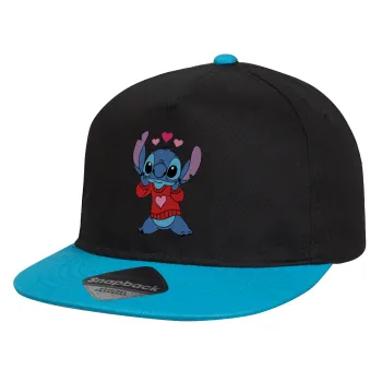 Stitch heart, Καπέλο παιδικό Flat Snapback, Μαύρο/Μπλε (100% ΒΑΜΒΑΚΕΡΟ, ΠΑΙΔΙΚΟ, UNISEX, ONE SIZE)