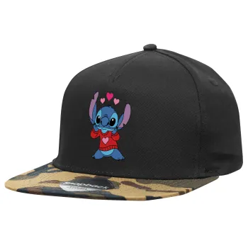 Stitch heart, Καπέλο Ενηλίκων Flat Snapback Μαύρο/Παραλλαγή, (100% ΒΑΜΒΑΚΕΡΟ TWILL, ΕΝΗΛΙΚΩΝ, UNISEX, ONE SIZE)