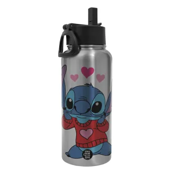 Stitch heart, Metal mug thermo Silver with Straw and Spout Lid (Stainless steel), double wall, 950ml