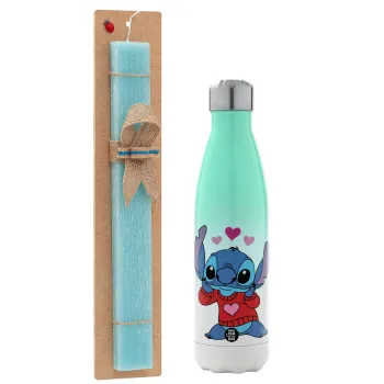 Stitch heart, Easter Set, Metallic green/white thermos (Stainless steel), double-walled, 500ml & scented flat Easter candle (30cm) (TURQUOISE)