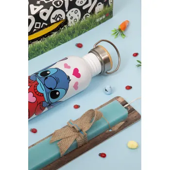 Stitch heart, Πασχαλινή Λαμπάδα με παγούρι μεταλλικό Ασημένιο αλουμινίου (500ml) & κερί αρωματικό πλακέ (30cm) (ΤΙΡΚΟΥΑΖ)