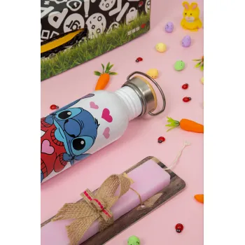 Stitch heart, Πασχαλινή Λαμπάδα με παγούρι μεταλλικό (620ml, stainless steel) & κερί αρωματικό πλακέ (30cm) (ΡΟΖ)