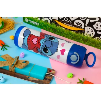 Stitch heart, Πασχαλινή Λαμπάδα με Παιδικό παγούρι θερμό, ανοξείδωτο, με καλαμάκι ασφαλείας, ΜΠΛΕ (500ml)