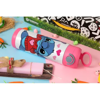 Stitch heart, Easter candle, Childrens hot water bottle, stainless steel, with safety straw, PINK (500ml)