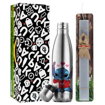 Stitch heart, Easter Set, metallic stainless thermos flask (500ml) & scented flat Easter candle (30cm) (GRAY)