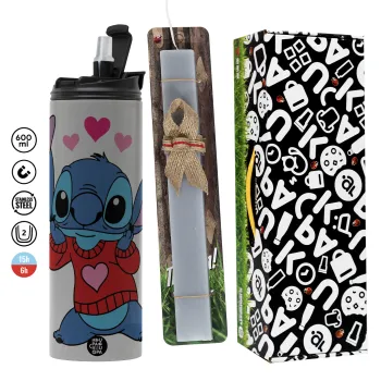 Stitch heart, Πασχαλινή Λαμπάδα με Travel Tumbler θερμό (600ml, BPA free) & κερί αρωματικό πλακέ (30cm) (ΓΚΡΙ)