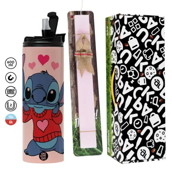 Stitch heart, Πασχαλινή Λαμπάδα με  ΡΟΖ Travel Tumbler θερμό (600ml, BPA free) & κερί αρωματικό πλακέ (30cm) (ΡΟΖ)