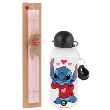 Stitch heart, Πασχαλινή Λαμπάδα με παγούρι μεταλλικό αλουμινίου (500ml) & κερί αρωματικό πλακέ (30cm) (ΡΟΖ)