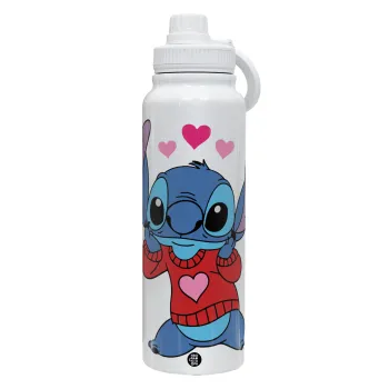 Stitch heart, Θερμός 1L Ανοξείδωτο με Βάση Κινητού & Διπλά Τοιχώματα