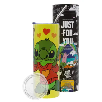 Stitch heart, Neon Yellow Travel Tumbler θερμό, μεταλλικό καλαμάκι(Ανωξείδωτο 304 Food grade, BPA free, 600ml)