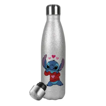 Stitch heart, Metallic Glitter Silver Thermos Flask (Stainless steel), double-walled, 500ml