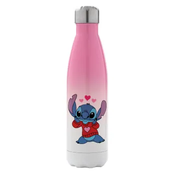 Stitch heart, Metal mug thermos Pink/White (Stainless steel), double wall, 500ml