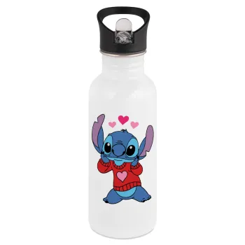 Stitch heart, White water bottle with straw, stainless steel 600ml
