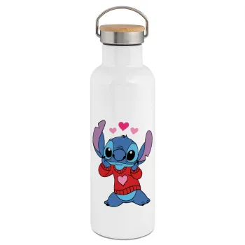 Stitch heart, Stainless steel White with wooden lid (bamboo), double wall, 750ml