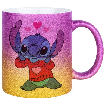 Stitch heart, Κούπα Χρυσή/Ροζ Glitter, κεραμική, 330ml