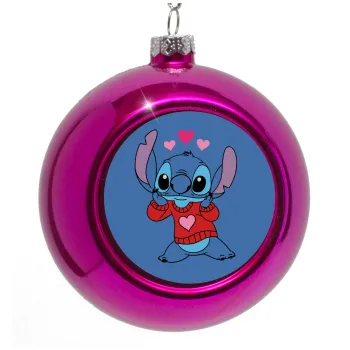 Stitch heart, Στολίδι Χριστουγεννιάτικη μπάλα δένδρου Μωβ 8cm