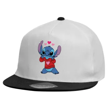 Stitch heart, Καπέλο παιδικό Flat Snapback, Λευκό (100% ΒΑΜΒΑΚΕΡΟ, ΠΑΙΔΙΚΟ, UNISEX, ONE SIZE)