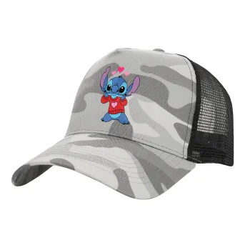 Stitch heart, Adult Structured Trucker Hat, with Mesh, (Camouflage) Army Camo (100% COTTON, ADULT, UNISEX, ONE SIZE)