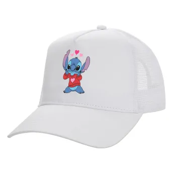 Stitch heart, Καπέλο Ενηλίκων Structured Trucker, με Δίχτυ, ΛΕΥΚΟ (100% ΒΑΜΒΑΚΕΡΟ, ΕΝΗΛΙΚΩΝ, UNISEX, ONE SIZE)